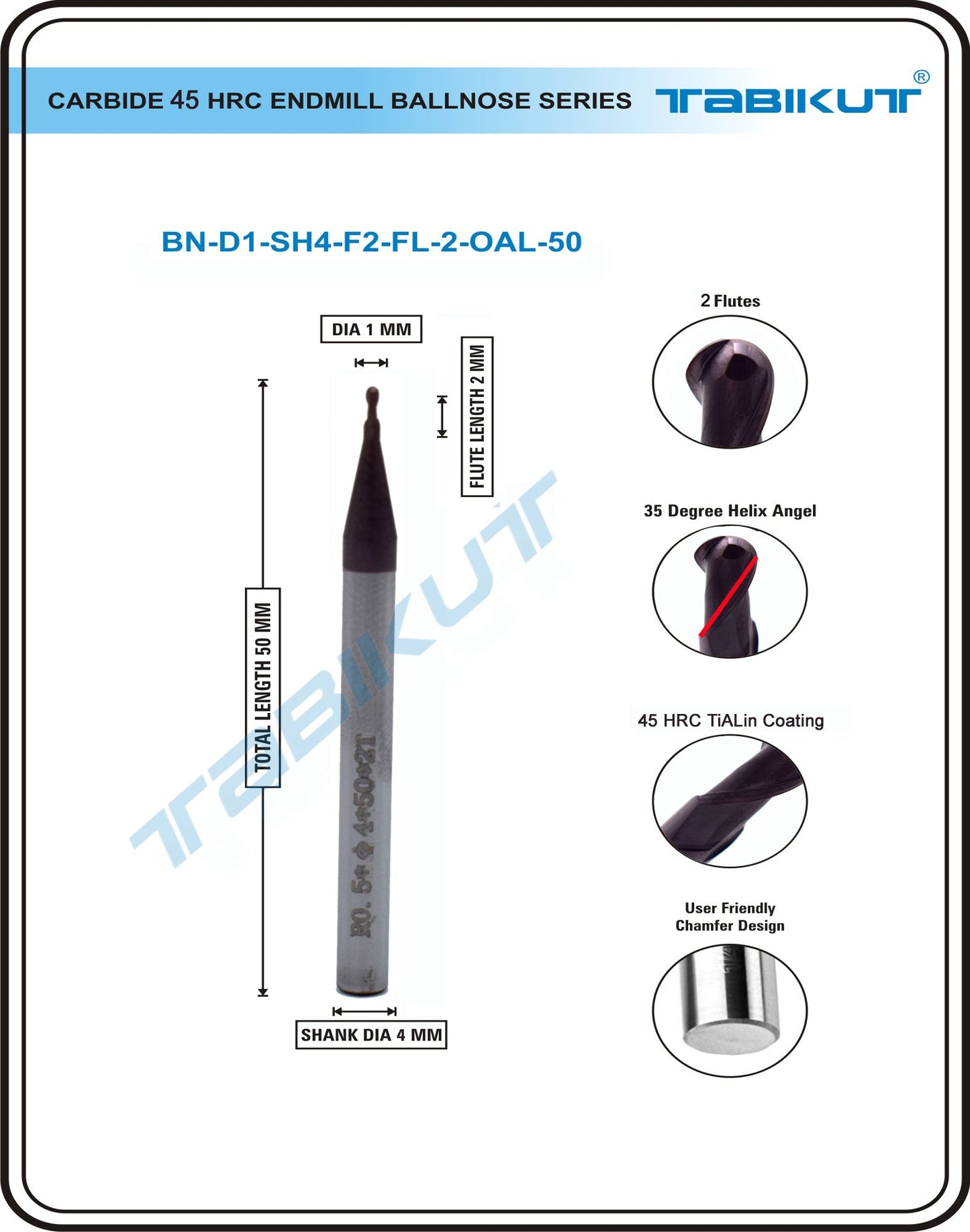 1 Mm Carbide Ballnose 2 flutes 45 Hrc Pack Of 2