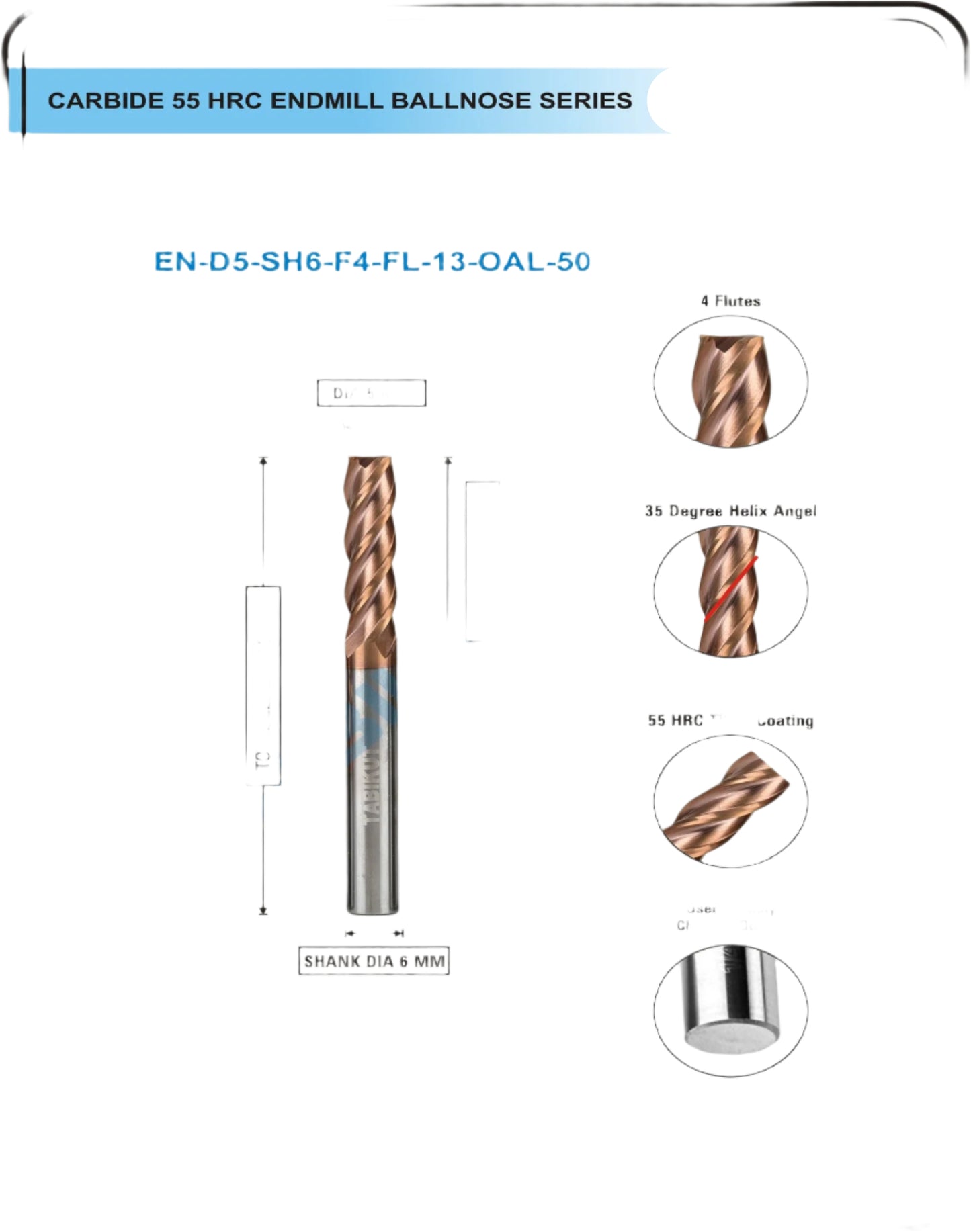 5 ENDMILL IN 6 mm Shank 50 long pack of 1