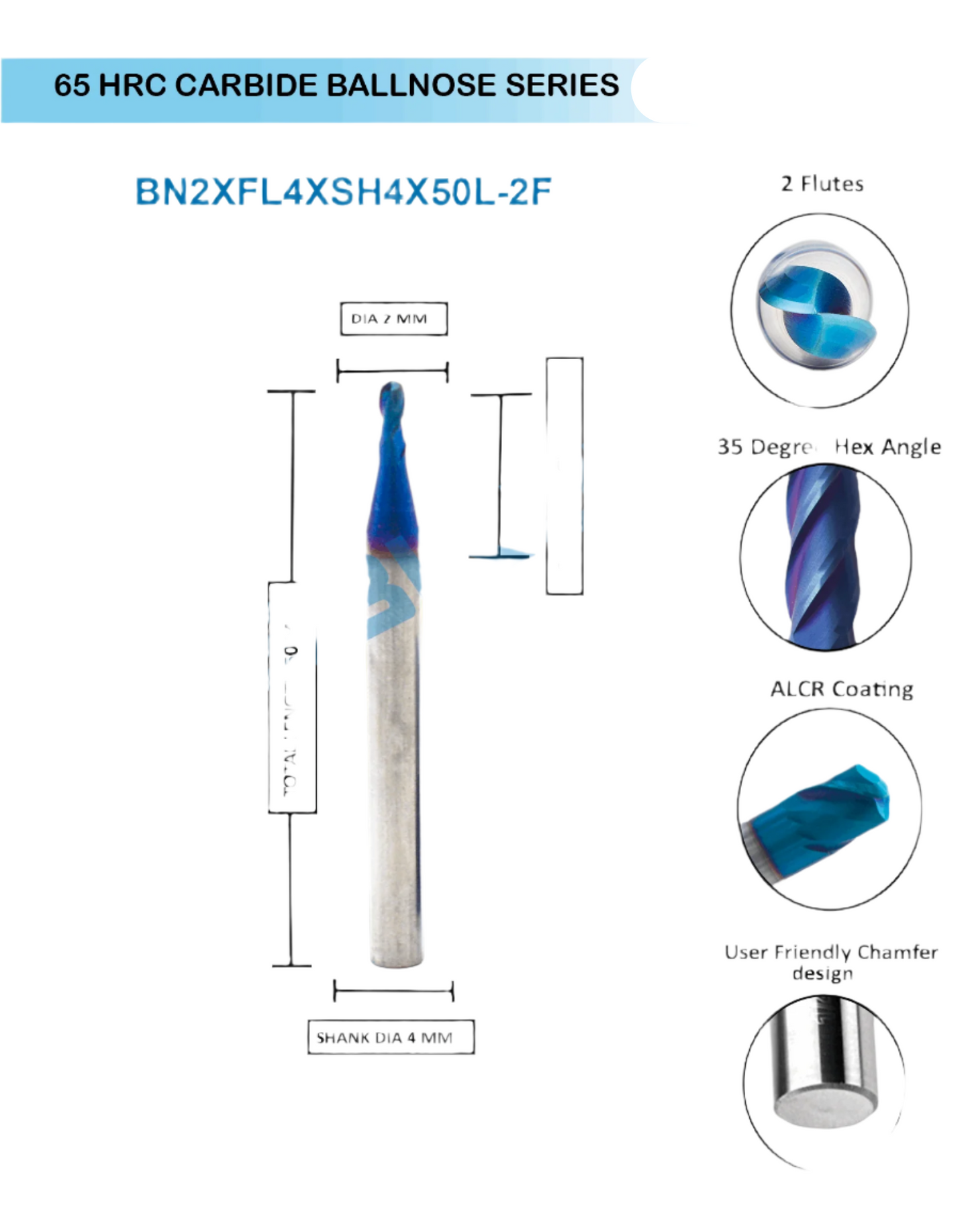 2 mm Carbide ballnose 65 HRC 2 Flutes PACK OF 1