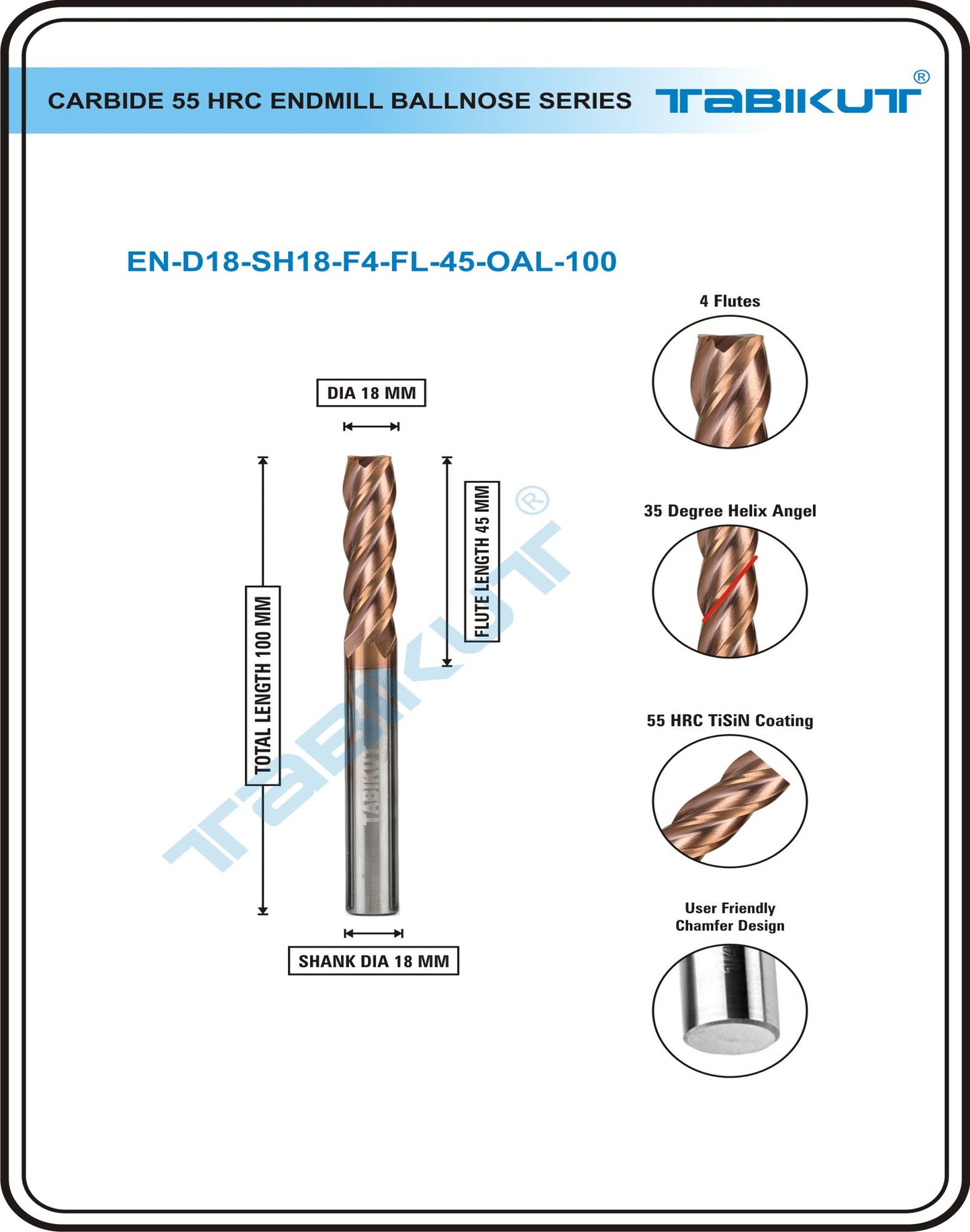 18 Mm Carbide Endmill 55 HRC 18 MM In 18 Mm Shank 4 Flutes Total Length Is 100/150 MM