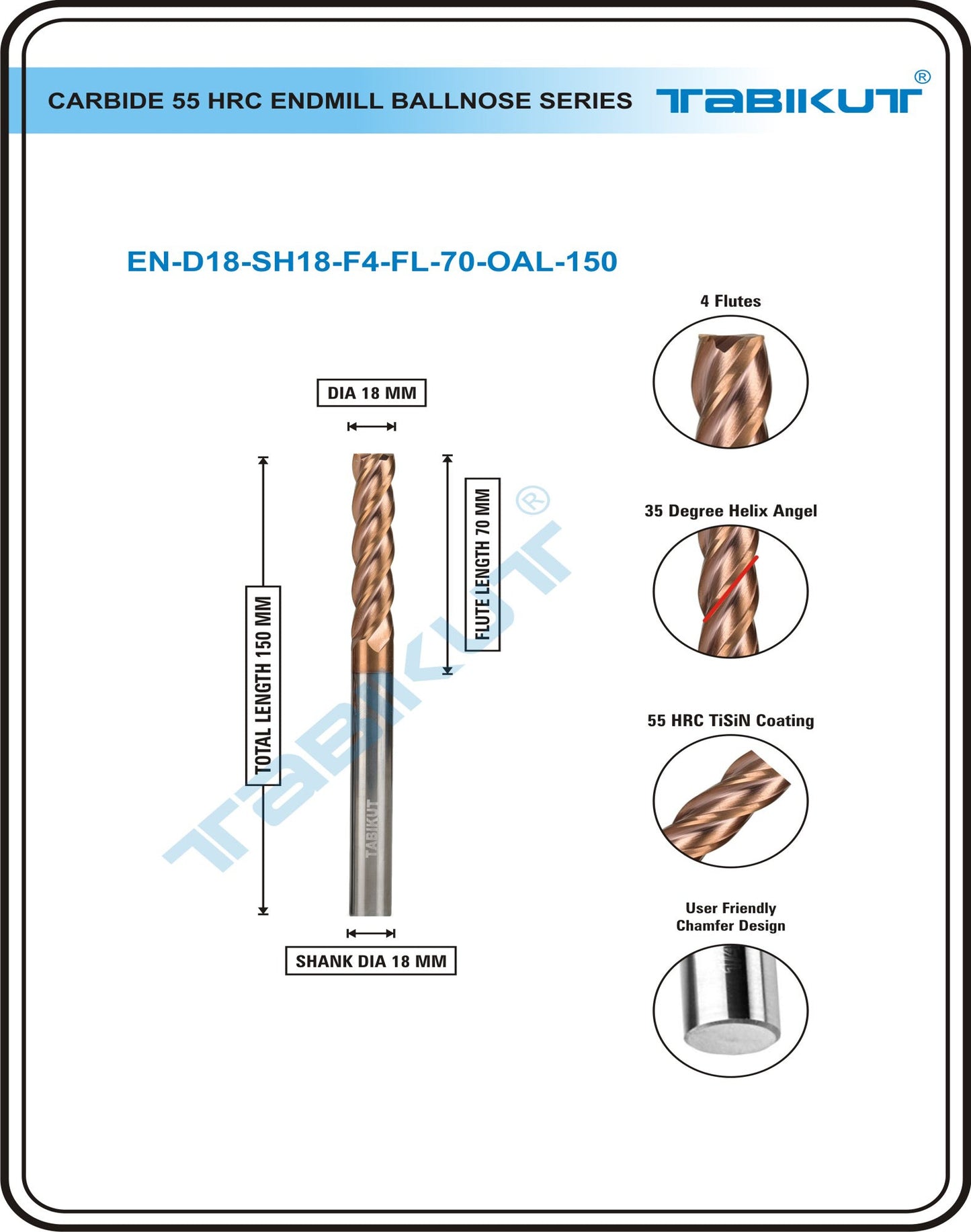 18 Mm Carbide Endmill 55 HRC 18 MM In 18 Mm Shank 4 Flutes Total Length Is 100/150 MM